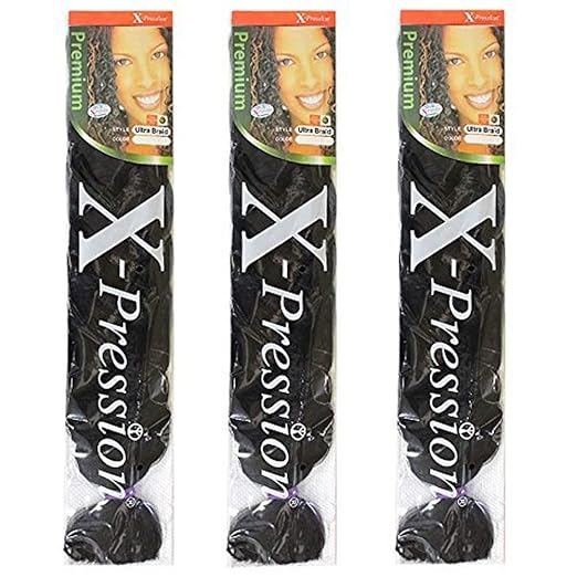 X-pression Ultra Braid hair extension made of 100% Kanekalon synthetic fiber, in color #1 (Jet Black)